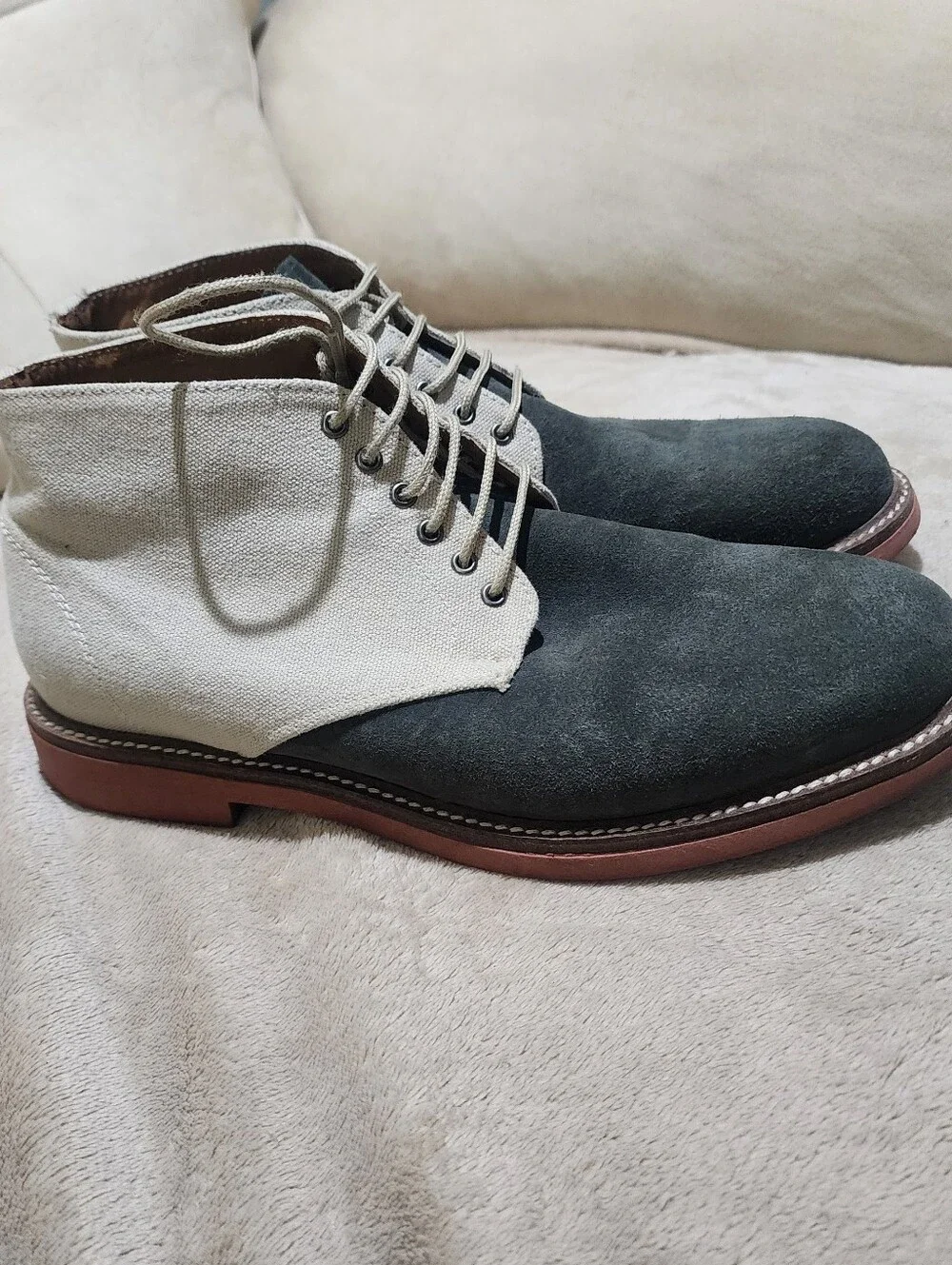 New Condition  Two-Tone Suede & Canvas Chukka Boots - Gray & Cream